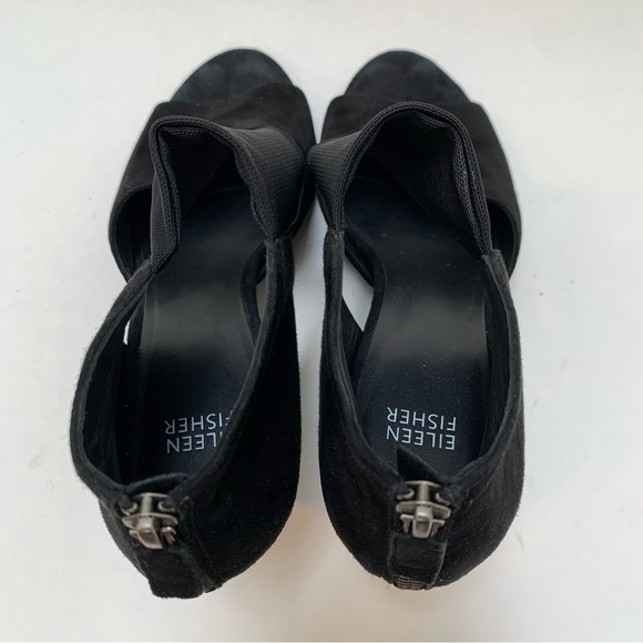 Eileen Fisher Black Suede Sandal Heels Zip Back Mesh Strap Size 9 - Picture 11 of 15